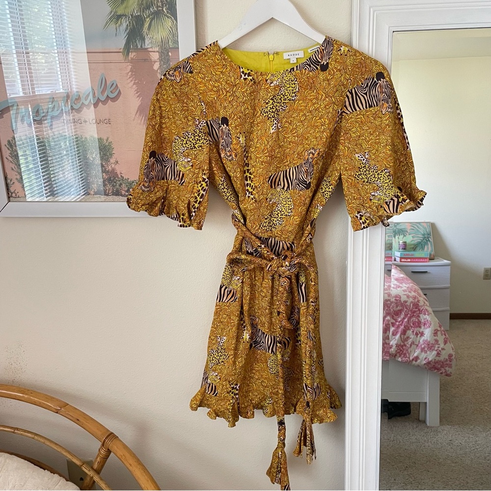 RHODE Mustard Yellow Animal Print Mini Dress